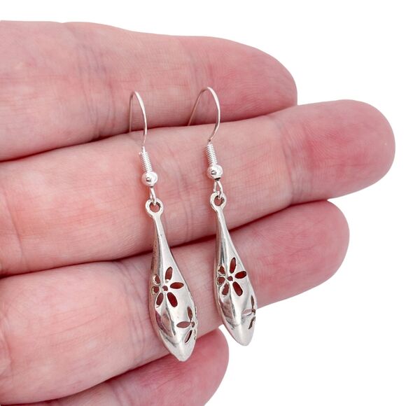 Vintage Sterling Silver 925 Floral Cutout Dangle Earrings - Picture 1 of 6